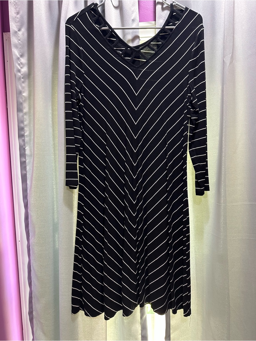Black & White Striped V-Neck Long Sleeve A-Line Dress